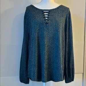 Democracy Womens Long Sleeve Black/Grey Ribbed  Lace Up Neckline Top Sz 2X